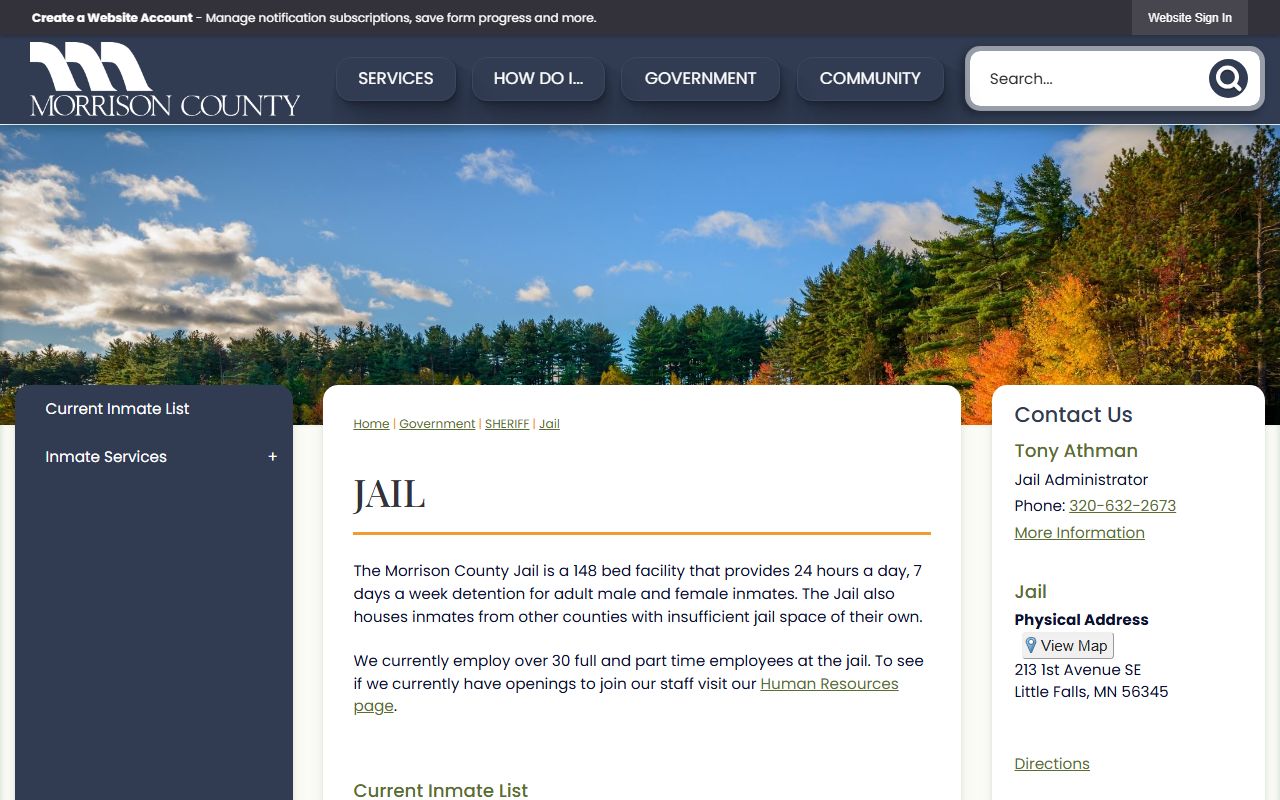 Morrison County inmate population jail page with current inmate list link