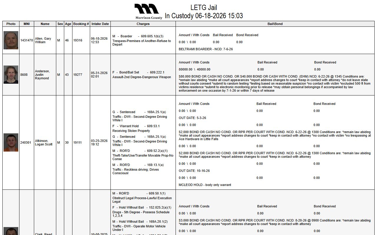 Morrison County inmate population current in-custody roster fields