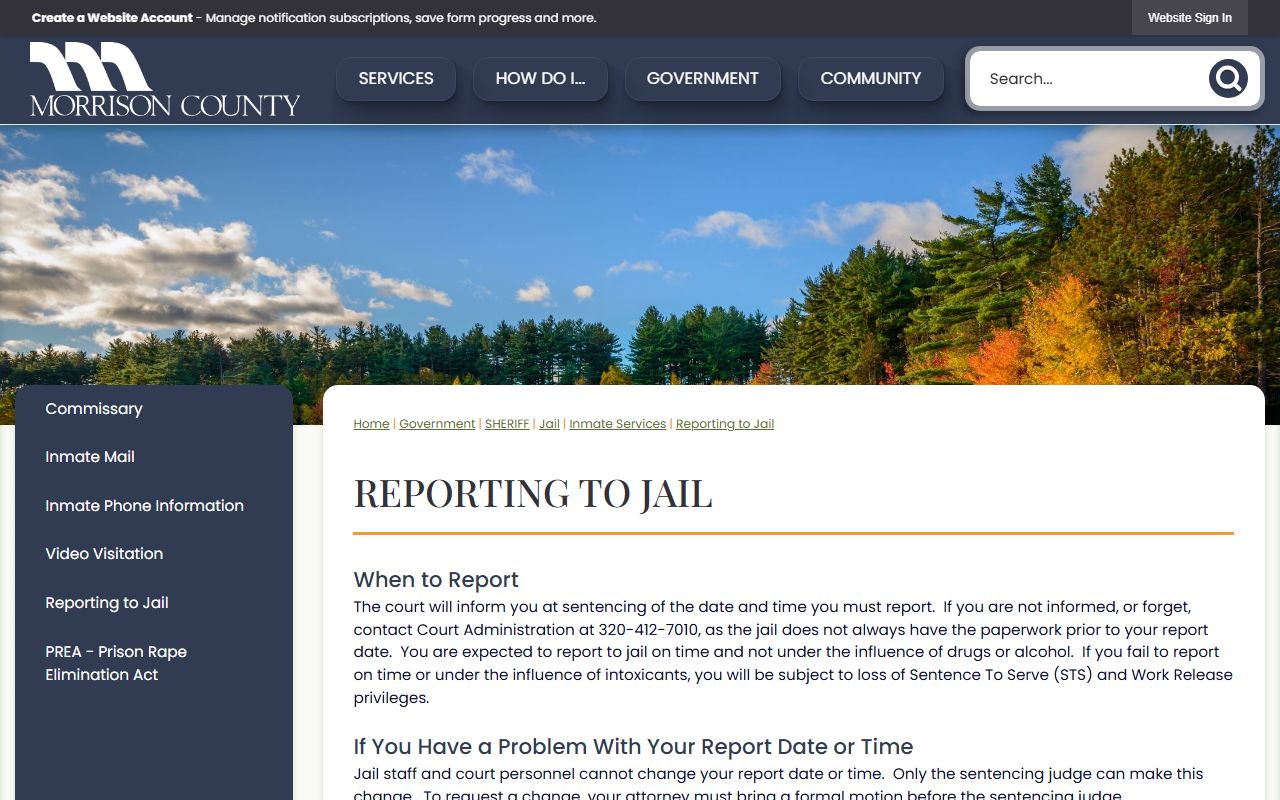 Morrison County inmate population reporting to jail fees and work release instructions